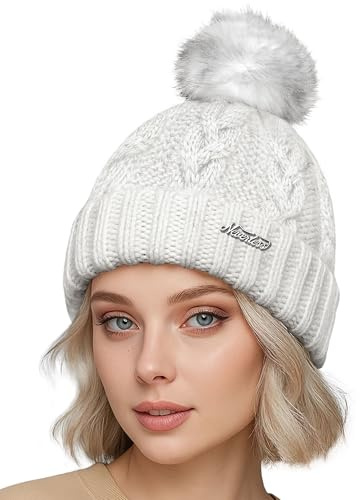 Neverless® Damen Strickmütze mit Pompom Zopfstrickmuster Bommelmütze gefüttert mit Fleece Wintermütze Model 1979