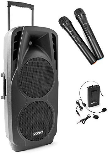 Vonyx SPX-PA9210 Dual 10 Portable PA Speaker System, Wireless Battery Powered Sound with 3 Microphones, Ideal Portable PA Systems for Events and Performances