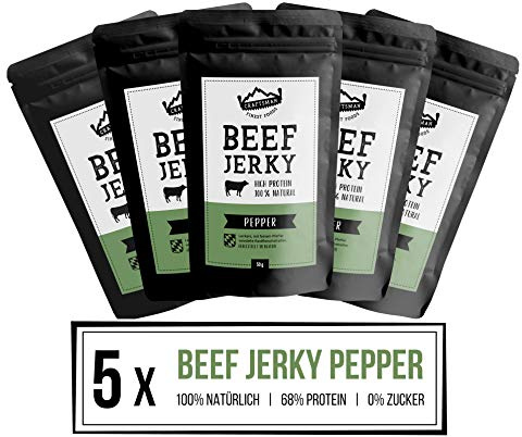 Craftsman Beef Jerky Pepper | Trockenfleisch ohne Zucker Spar-Set 5 x 50g | Weiderind, Rindfleisch aus Bayern, zuckerfrei, ohne Allergene, keto & paleo konform, 68% Protein, 100% natürlich