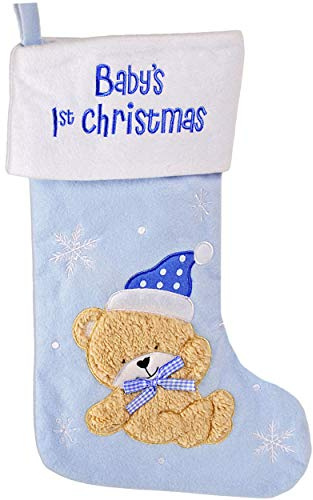 alles-meine.de GmbH 3D Effekt XL - Weihnachtssocke & Weihnachtsstrumpf - Baby´s First Christmas - Teddybär - blau - 45 cm - Jungen Baby/Geburt - 1 Jahr - zum Aufhängen - Niko..