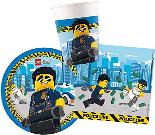 Procos 10136167B - Kinderpartyset S Lego City, 52-teiliges Set, 16 Teller, 16 Becher und 20 Servietten, Einweggeschirr, Tischdekoration, Party, Police Line