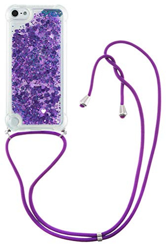 COTDINFOR Handykette Hülle für iPod Touch 7 Flüssigkeit Glitzer Clear Cover Protective Sparkle Floating Bling Silikon Lanyard Handyhüllen für iPod Touch 5/6 / 7 TPU Purple Love YB.