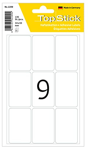 TopStick Etichette multiuso, 9 etichette per foglio, 15 fogli, 34 x 53 mm, 135 etichette, etichette autoadesive, etichette adesive vuote per ufficio cucina casa, bianco