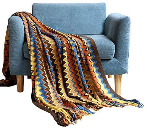 Galatée Plaid coloré de haute qualité avec motif bohème, coton, couverture confortable, couverture de canapé, couvre-lit, couvre-lit de salon, marron 130 x 230 cm