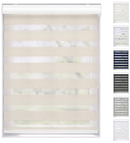 EFIXS Doppelrollo mit Kassette Montage Wand/Decke mit Bohren Breiten: 40-220, Höhe: bis 240 Hier: BxH (200 x 175) cm (Leinen) Premium Duorollo, oder ohne Bohren mit Klemmhalter am PVC-Fenster