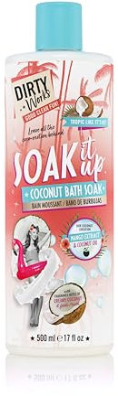 Dirty Works Soak It Up Bain moussant hydratant à la noix de coco aux extraits de fruits tropicaux et d'hibiscus, lait de bain végétalien pour la relaxation et la peau douce 500 ml