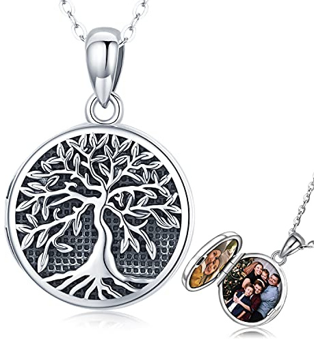 Friggem Collier Médaillon Arbre de Vie en Argent Sterling 925 Pendentif Médaillon Photo avec Coquille d'ormeau, Bijoux de Mémoire Cadeaux pour Femmes Filles Maman