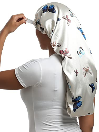 SAYMRE Satin-Haube, seidige Schlafkappe, verstellbare Haarhaube für Zöpfe, lockiges Haar, Langer Schmetterling, S/XXL