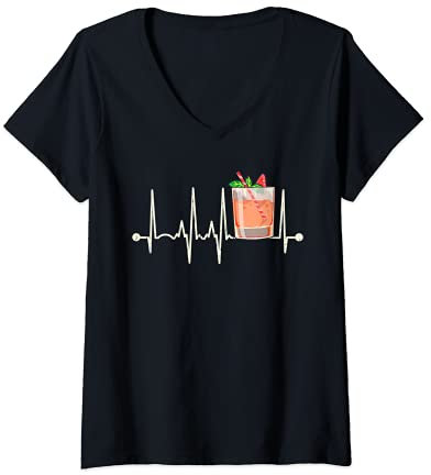 Womens Funny Cocktail Rocks Glass Heartbeat Happy Cocktail Hour V-Neck T-Shirt