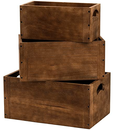 Hedume Set of 3 Nesting Wooden Crates, Wood Crate Box with Handle, Rustic Brown Decorative Wood Storage Crates Container, Stackable Cube Basket Bins Organizer for Home, Office, Closet, Shelf