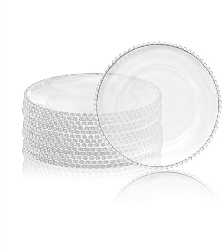 Trimming Shop Clear Glass Charger Plate with Clear Beaded Rim, 12pcs | 33cm (13 Inch) Decorative Dinner Chargers for Table Setting, Wedding, Party, Home & Event Décor, Dinner Table Decoration