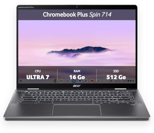 Acer Chromebook Plus Spin 714 I Pc Portable 14'' WUXGA Tactile Convertible I Intel Core Ultra 7 155U I 16 Go RAM I 512 Go SSD I Chrome OS I Gris I Clavier FR AZERTY I CP714-1HN