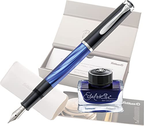Pelikan Füllhalter Classic 205, Blau-Marmoriert, Feder F (fein), hochwertiger Kolbenfüller im Geschenk-Etui mit Edelstein Inkl Sapphire (blau) Flakon