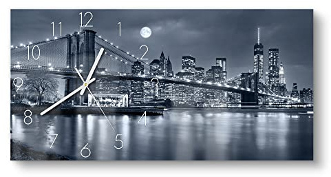 DEQORI Glasuhr | vertikal 60x30 cm | Motiv Vollmond über New York | große XXL Design Uhr aus Glas | leise Wanduhr für Wohnzimmer & Küche | moderne Hingucker Uhr für die Wand