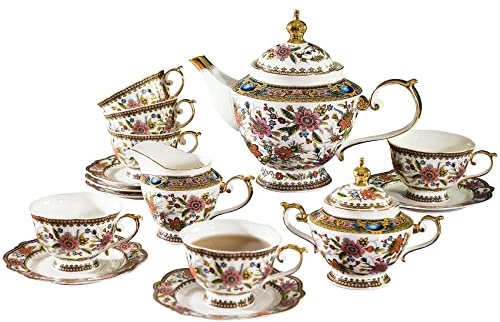 ACMLIFE Tea Set for Adults, Bone China Tea Set with Cups, Tea Cup Set Vintage Floral Porcelain Tea Set for 6, Vintage Floral Tea Cup Set With Teapot, Tea Party Sets for Women Gift，Gift Box (Pink)