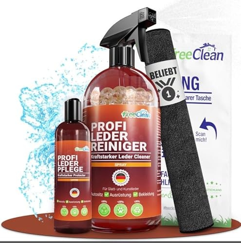 FreeClean® Profi Auto Lederpflege Set - Lederreiniger 500ml, Lederlotion 250ml, Schwamm, Tuch [EXTRA STARK OHNE Chemie] Leder Protector für Lederpflege Auto, Sattel, Jacke etc