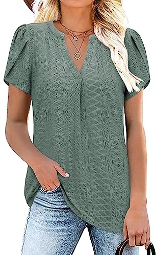 Siddhe Damen Kurzarm Bluse Sommer T-Shirt Oberteil Einfarbig V-Ausschnitt Tshirt Shirt Tunika mit Kurzen Blütenärmeln Casual Lässig Solid Longshirt für Alltag, Grün M