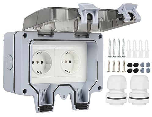Aussensteckdose Wasserdicht IP66 2 Fach Outdoor Steckdose Außensteckdose Wandsteckdose Feuchtraum Aufputz Gartensteckdose Staubdicht Wetterfest mit Klappdeckel