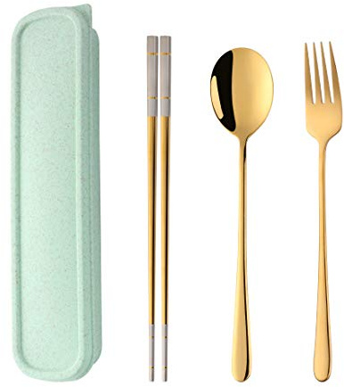 SBOMHS Rostfritt stål bärbart 3-delat bestickset med fodral gaffelsked ätpinnar för 1 camping bestick för skola picknick redskap set guld