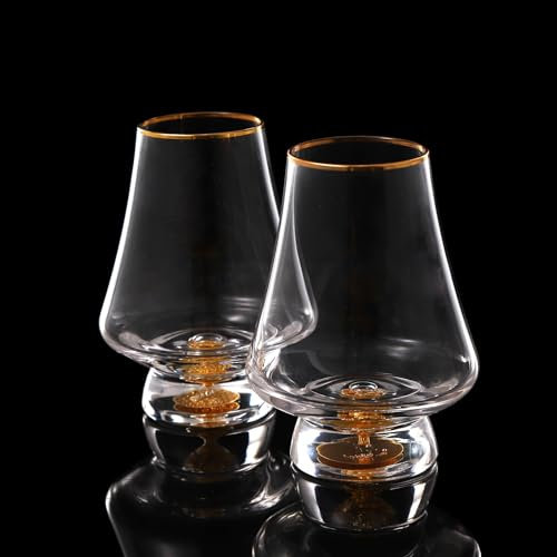 DUJUST Snifter Set de 2 copas (8 oz), vasos whisky cristal cristal con hojas de oro de 24K, aptos para whisky/brandy/cognac/bourbon/tequila/scotch. Sin BPA ni plomo