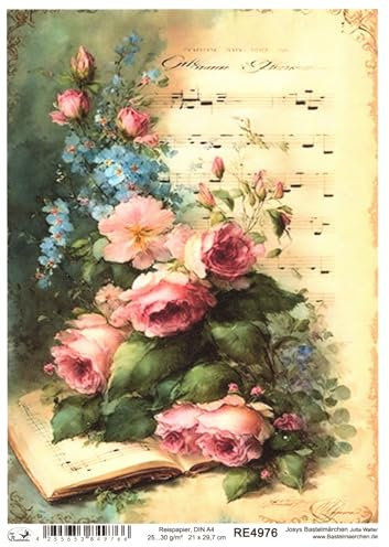 Josys Bastelmärchen Reispapier A4 Strohseide Decoupage Vintage Rosen Blumen Noten Geige Buch RE4976