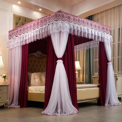 YEKIM Lichtdichter 4-Eckpfosten-Bettvorhang mit Stahlrahmen, Schlafzimmerdekoration für Erwachsene, Mädchen und Jungen, Betthimmel für Queen-Size-Betten，Geeignet für Einzelbett und Doppelbett