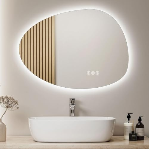 S'AFIELINA Badspiegel mit Beleuchtung 55 × 75 × 2,5 cm (H×B×T)Rund Asymmetrischer Spiegel mit Touch-Schalter, Dimmbar, 3 Lichtfarbe Einstellbare, Beschlagfrei, Speicherfunktion Spiegel mit Beleuchtung