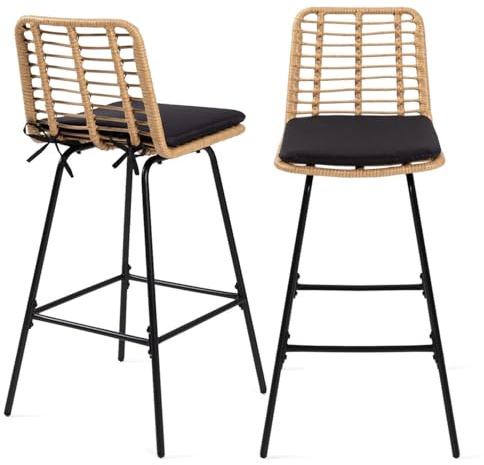 IDMarket – Juego de 2 taburetes de bar verano con efecto ratán de pie de metal, color negro