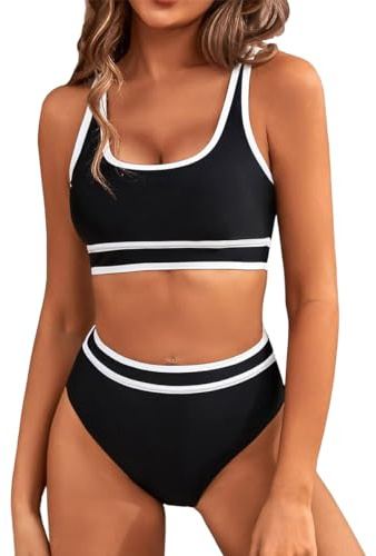 Yeenily Damen Badeanzug Zweiteiler Sport Bikini Set Sexy High Waist Bademode Triangel Bustier Push Up Strand Tankini Bauchweg Brazilian Swimsuit (Schwarz, L)