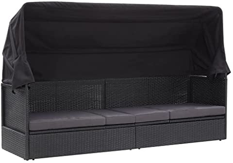 Hommdiy Gartensofa mit Sonnendach Sonnenliege Gartenliege Lounge Gartenbank Gartenbett Sofa Gartenmöbel Liege Relaxliege Sofabett Poly Rattan Schwarz，Schattige Schlafsofas, Strandbetten