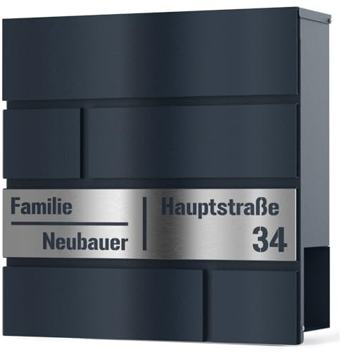 Graviers Design Briefkasten mit Zeitungsfach in Anthrazit RAL 7016 - Laserschnitt Postkasten personalisiert Edelstahl Name Straße Hausnummer Gravur - Wandbriefkasten Briefbox mit Schloss Design 2