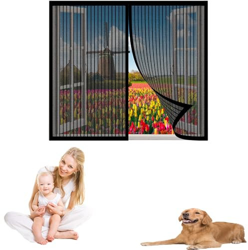 Fliegengitter Fenster Magnet 50 x 90 cm Ohne Bohren Insektenschutz Moskitonetz Klebmontage Ohne Bohren für Windows/Wohnzimmer Fenstern, Schwarz