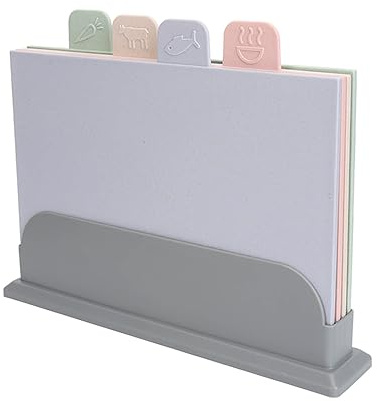 Tyenaza Chopping Board Set, Coloured Plastic Chopping Boards with Stand and Food Icons, Set of 4, Double Sided Use Classified Cutting Boards for Kitchen/Cutting Meat, Fish, Vegetables