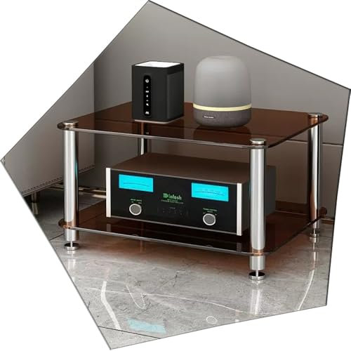 ZIUSFAC Étagère Média AV Media Étagères en Verre Transparent Audio Armoire D'équipement Stéréo Armoire De Composants 1/2/3 Niveaux Meuble pour Console DVD Player(Brown,2 Tier)