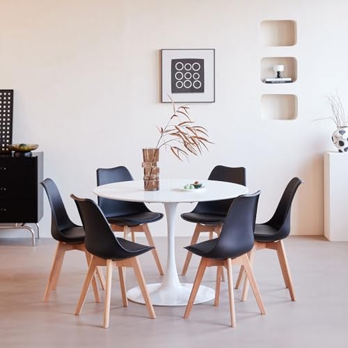 DEYARNA HOME Esszimmergruppe mit 6 Essstühlen, Runder Esstisch und Stühle für Esszimmer, Küche, Wohnzimmer, Weißer Esstisch+Schwarze Stühle