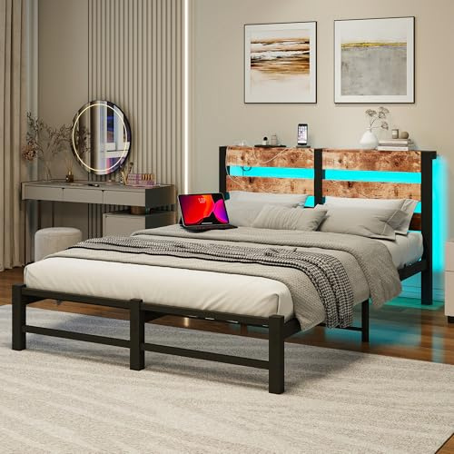 QUCENAK King Size Bed Frame with USB Charging Station,Queen Size LED Bed Frame with Wood Storage Headboard,5ft Metal Platform Bed Frame No Box Spring Needed,Easy Assembly