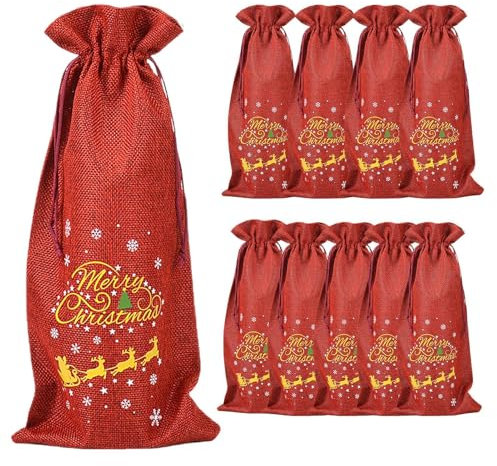 Weihnachten Flaschentüten Weihnachten Weinflasche Geschenktüte Elch Schlitten Taschen Weintüten Dekoration Rot Weihnachten Weinflaschentaschen mit Kordelzug Wiederverwendbare Goldene Schneeflocken