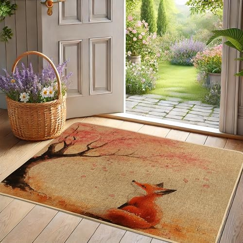 Fox & Cherry Flower Fußmatte, orangefarbener Fuchs, Fußmatte für Frühling, Außen- und Inneneingang, rustikale Dekoration, Gummi, wasserdicht, rutschfest, staubabsorbierend, leicht zu reinigen, 73,2 x