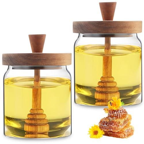 WANDGU 2 dispenser per miele: 450 ml, vaso per miele con cucchiaio e coperchio, contenitore per miele, barattolo per miele, barattolo di vetro sigillato, set di bastoncini per miele per conservare e