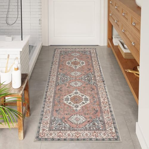 Seavish Großer orientalischer Badezimmerteppich, 61 x 152 cm, Korallenrot, Vintage, saugfähig, waschbar, rutschfest, Badläufer für Waschtisch, Waschbecken, Badewanne, Wäsche, weicher