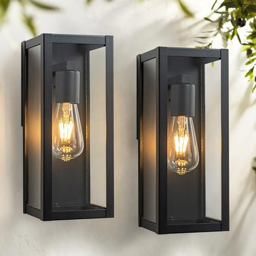 FTL Outdoor Porch Wall Lights 2 Pack, Matte Black Glass Outdoor Lights, Modern Exterior Wall Lantern Mains Light, E27 Outside Patio Wall Lamp, External Wall Lighting Fixture for Garden, Yard, IP44
