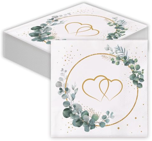 Glamifyr 40 Stück Servietten Hochzeit,Servietten Eukalyptus grün,Hochzeitsservietten,Servietten Herz,Goldene hochzeit,servietten Salbeigrün,für Hochzeit Geburtstag Tischdeko