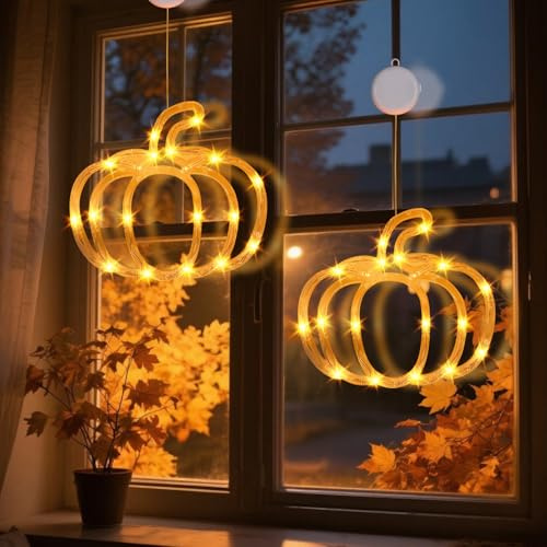 Herbstdeko Licht mit Saugnapf, Halloween Deko Fenster LED Licht, IP55 Wasserdicht Halloweendeko LED, Leuchtende Fensterdeko Batteriebetriebene, Hängende Deko Herbst Innen Draußen (2 Stück Kürbis)