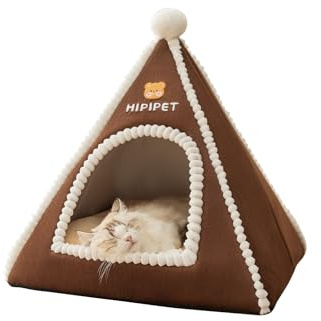 Galatée Katzenhöhle Bett, Cartoon-Katzenhaus, Warme und Bequeme Haustier-Tipi, Haustiernest mit waschbarem Kissen, Süßes Hunde-Iglu(L, Braun)