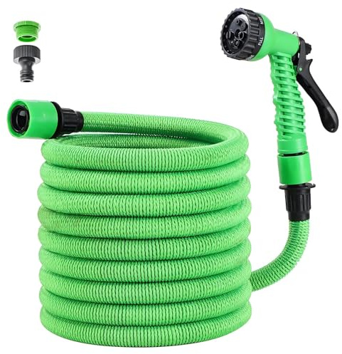 XIBALOM Tubo da Giardino Estensibile Ispessito 15m 50FT Canna Acqua con 7 Funzioni con Pistola Acqua Giardino & Adattatore Universale 1/2 e 3/4 per Prato, Giardino