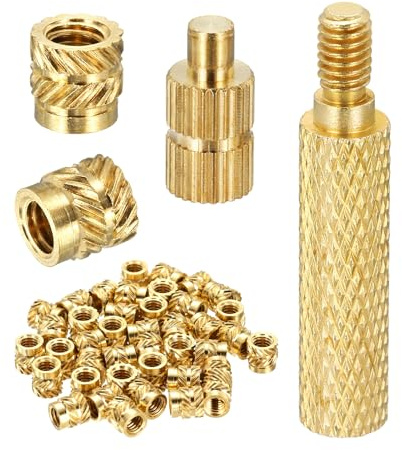 sourcing map M4 Hitzegewindeeinsätze mit Lötspitze, 6 mm Außendurchmesser, 6 mm Höhe, Messing-Mutterstangeneinsätze gerändelt für 3D-Druckkomponenten, Kunststoffteil, 40 Stück