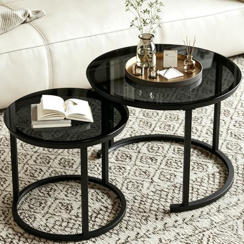Hawthyhome 2 Stücke Beistelltisch Set rund, Couchtisch aus Glas mit Metallrahmen,Moderne Kaffeetische Satztische für Wohnzimmer Schlafzimmer Schwarz Glas