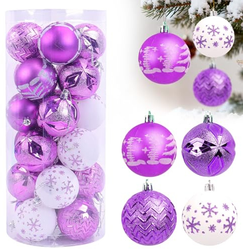 Weihnachtsdeko Weihnachtskugeln 24 Stück, Christbaumkugeln Kunststoff Christbaumschmuck, Glitzernden Weihnachtskugeln Mit Gemaltes Set für Adventskalender Weihnachts Deko (Lila)