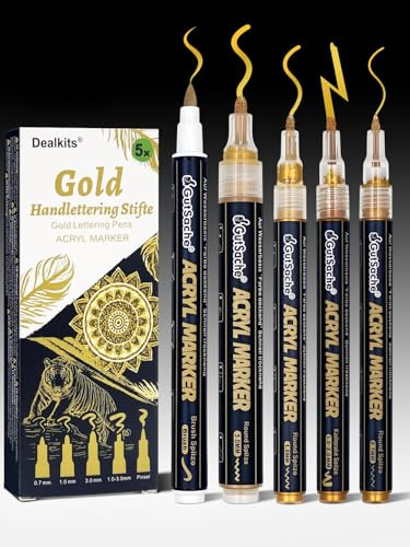 DealKits 5 pennarelli acrilici dorati, coprenti in acrilico, per legno, vetro, carta, pietra, ad asciugatura rapida, impermeabili, per calligrafia, per lavagna, lavabili