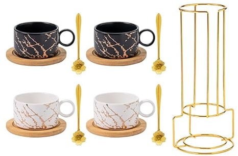 Cappuccino Tassen Set, 4 Stücke Goldrand Espressotassen mit Löffel, Espressotassen aus Porzellan, Tasse Marmor, Keramik Espressotasse, Teetassen und Untertassensets (2Schwarz + 2Weiß)